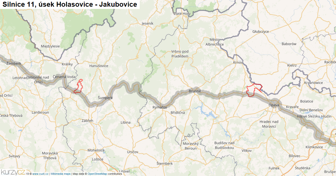 Úsek Holasovice - Jakubovice, Silnice 11 - Mapa
