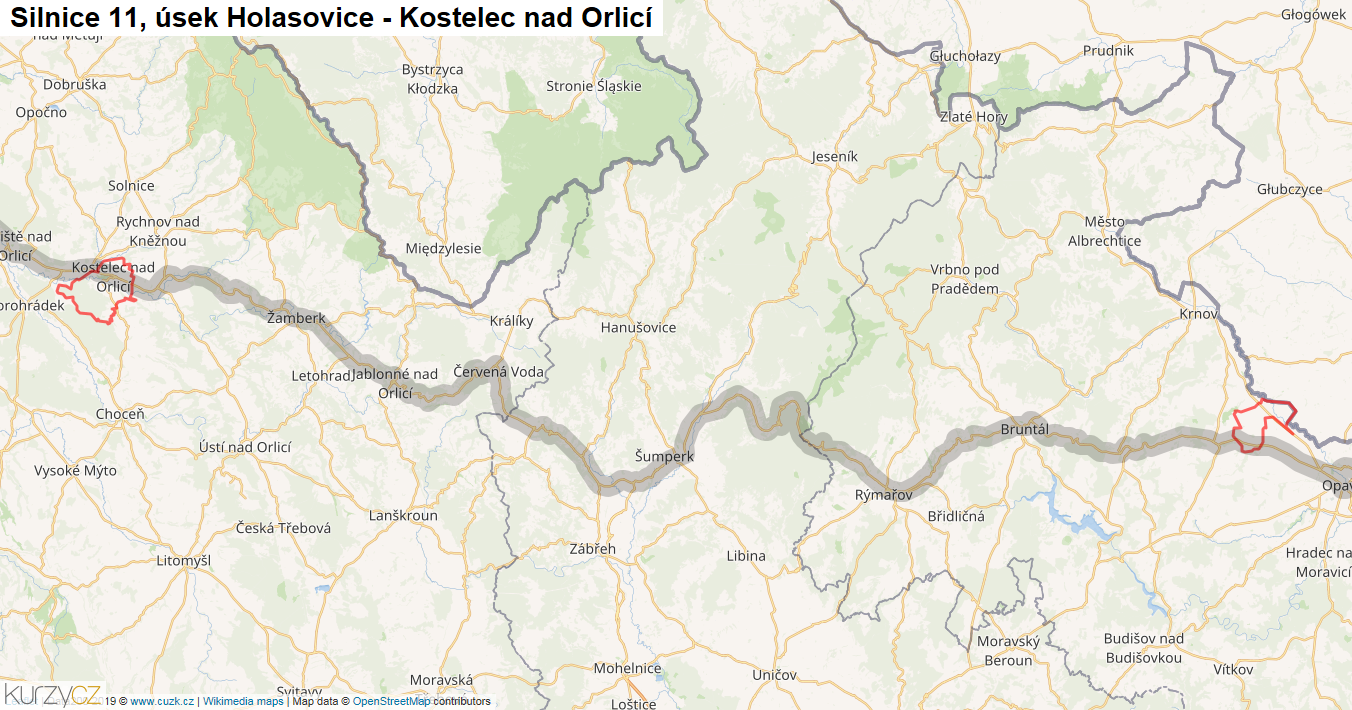 Úsek Holasovice - Kostelec nad Orlicí, Silnice 11 - Mapa
