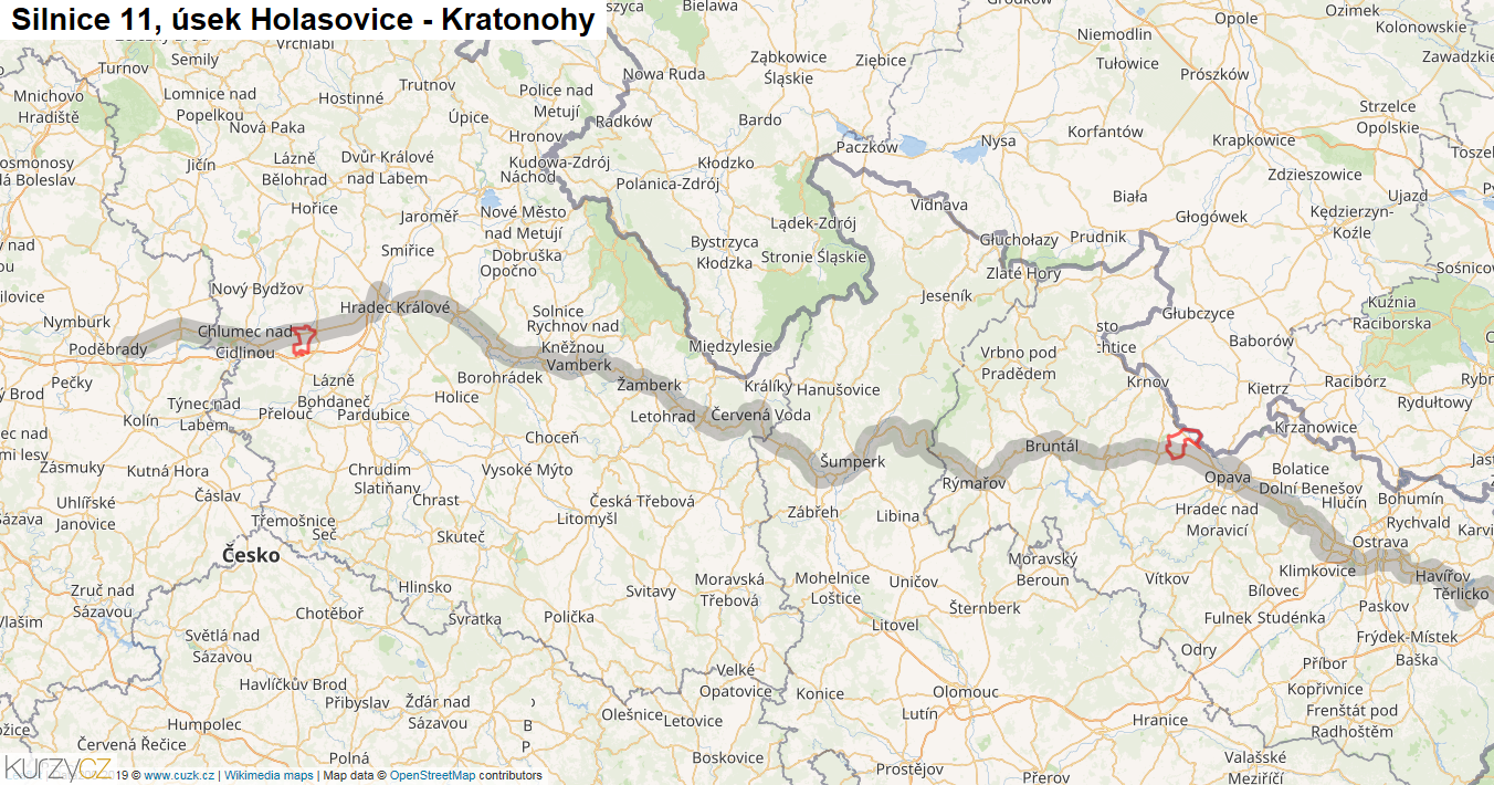 Úsek Holasovice - Kratonohy, Silnice 11 - Mapa