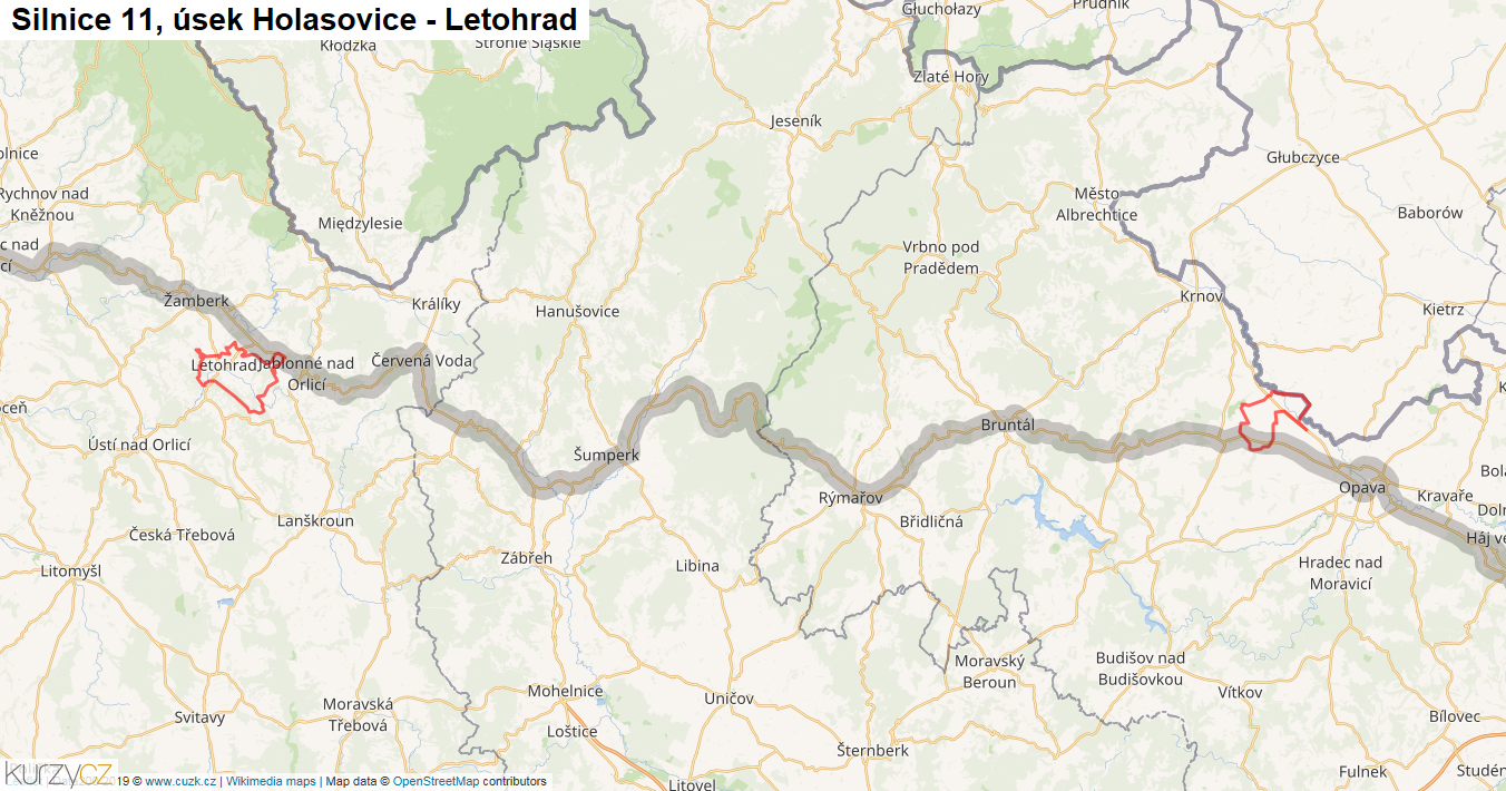 Úsek Holasovice - Letohrad, Silnice 11 - Mapa