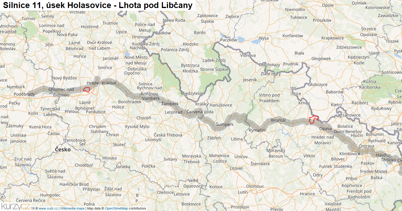 Úsek Holasovice - Lhota pod Libčany, Silnice 11 - Mapa