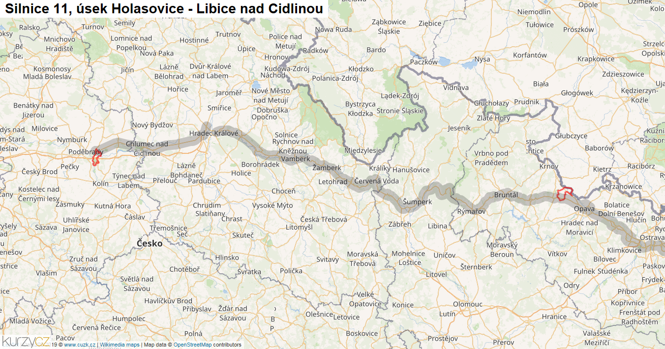 Úsek Holasovice - Libice nad Cidlinou, Silnice 11 - Mapa