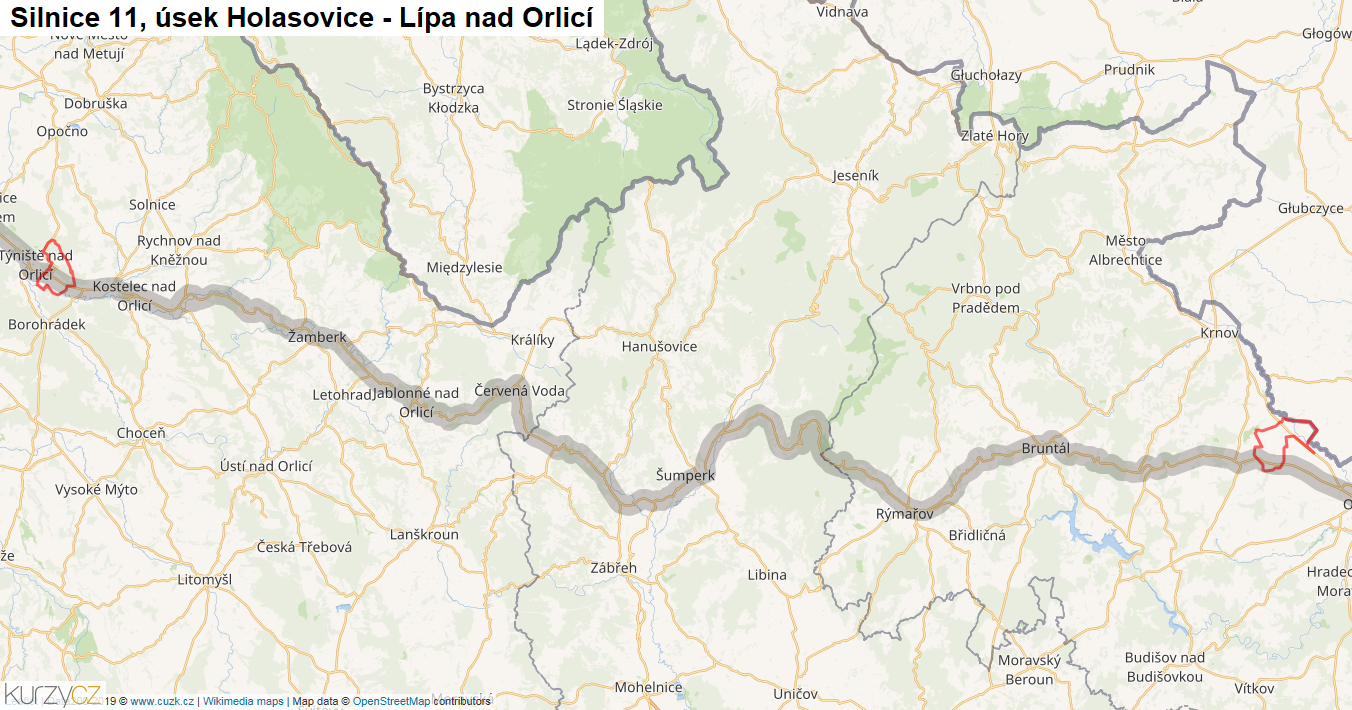 Úsek Holasovice - Lípa nad Orlicí, Silnice 11 - Mapa