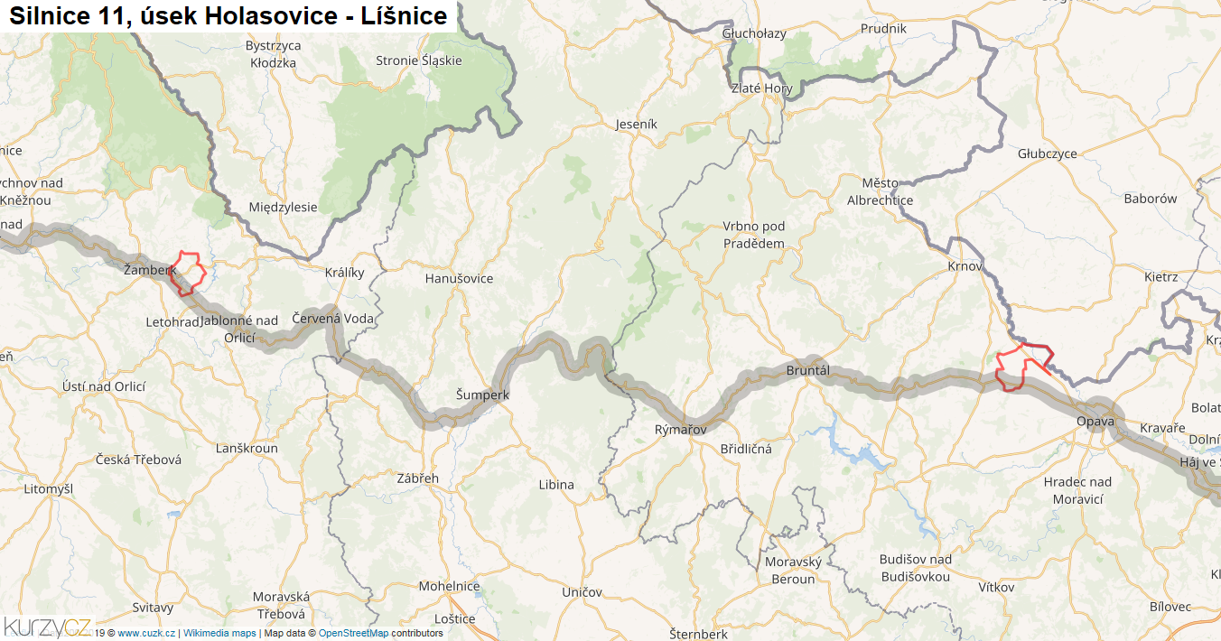 Úsek Holasovice - Líšnice, Silnice 11 - Mapa