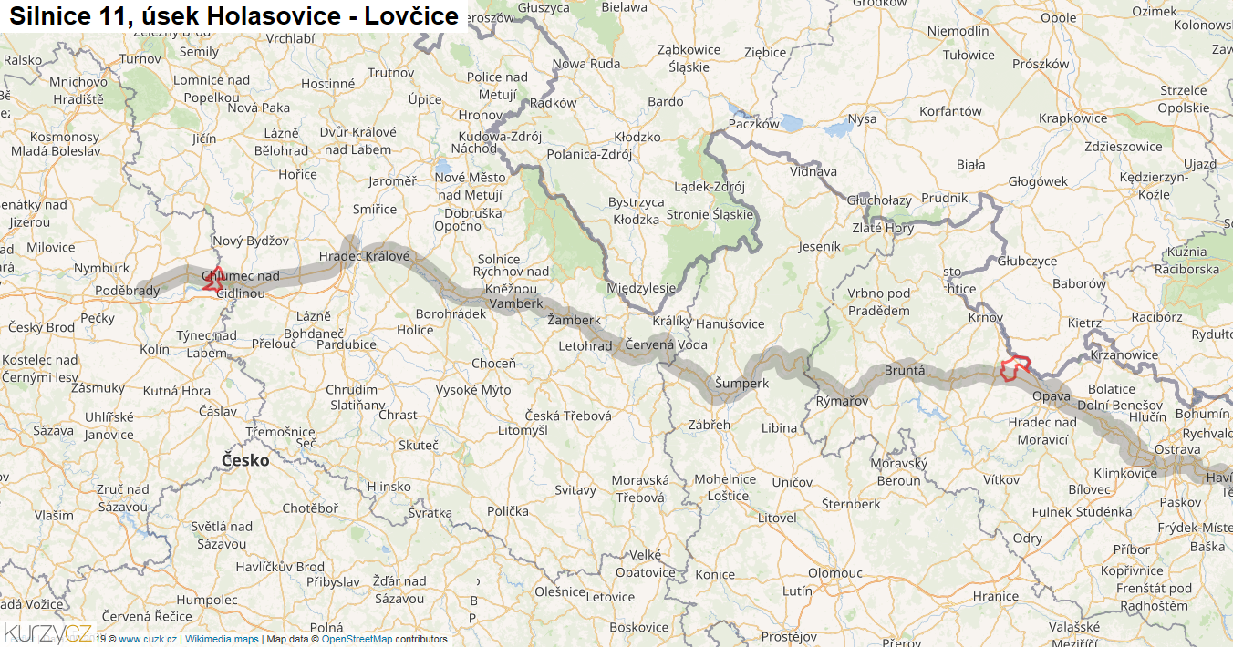 Úsek Holasovice - Lovčice, Silnice 11 - Mapa