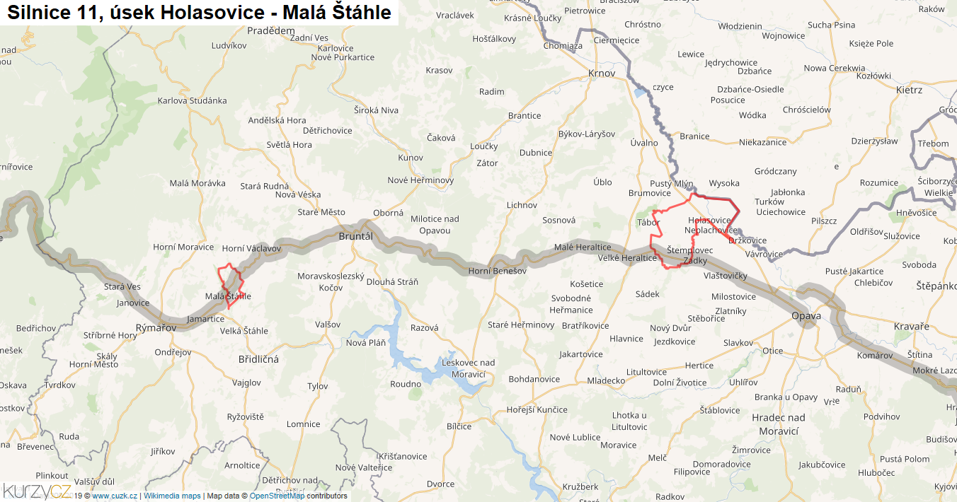 Úsek Holasovice - Malá Štáhle, Silnice 11 - Mapa