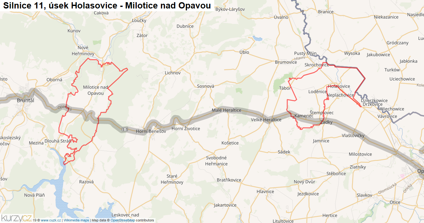 Úsek Holasovice - Milotice nad Opavou, Silnice 11 - Mapa