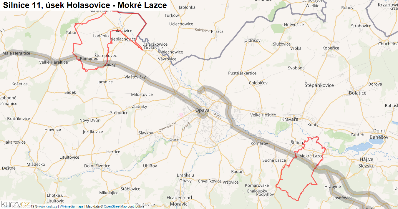 Úsek Holasovice - Mokré Lazce, Silnice 11 - Mapa