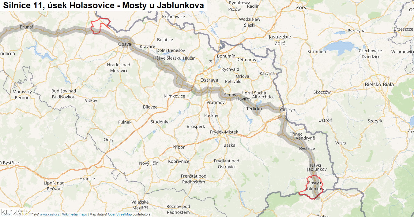 Úsek Holasovice - Mosty u Jablunkova, Silnice 11 - Mapa