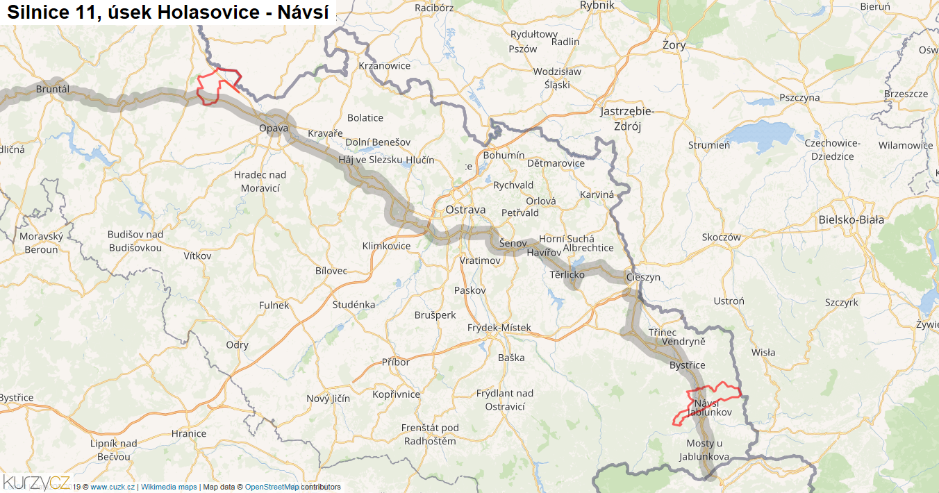 Úsek Holasovice - Návsí, Silnice 11 - Mapa