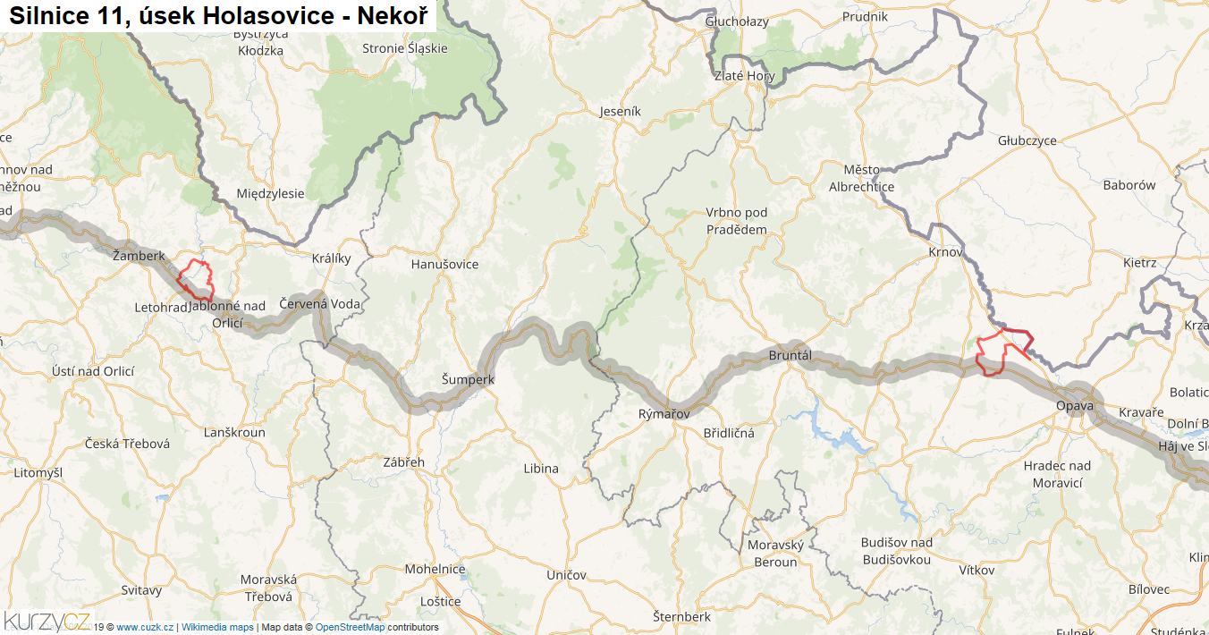 Úsek Holasovice - Nekoř, Silnice 11 - Mapa