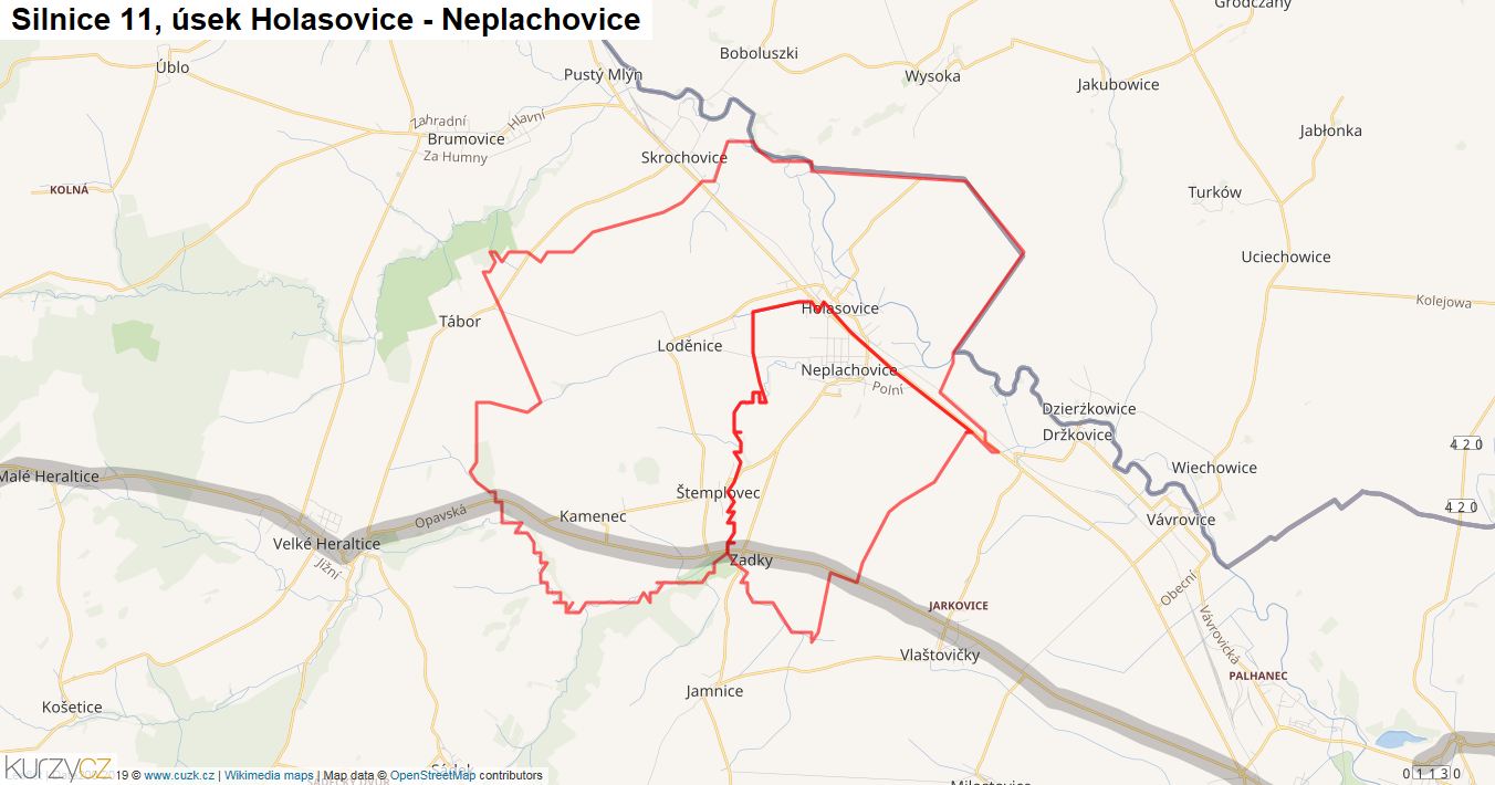 Úsek Holasovice - Neplachovice, Silnice 11 - Mapa