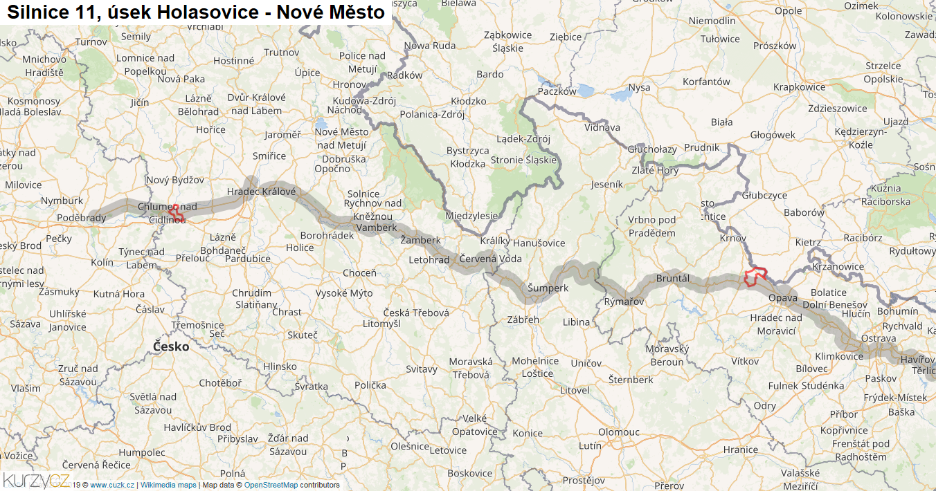 Úsek Holasovice - Nové Město, Silnice 11 - Mapa