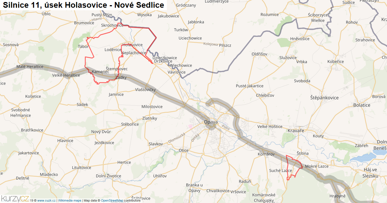 Úsek Holasovice - Nové Sedlice, Silnice 11 - Mapa