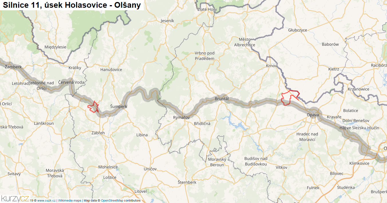 Úsek Holasovice - Olšany, Silnice 11 - Mapa