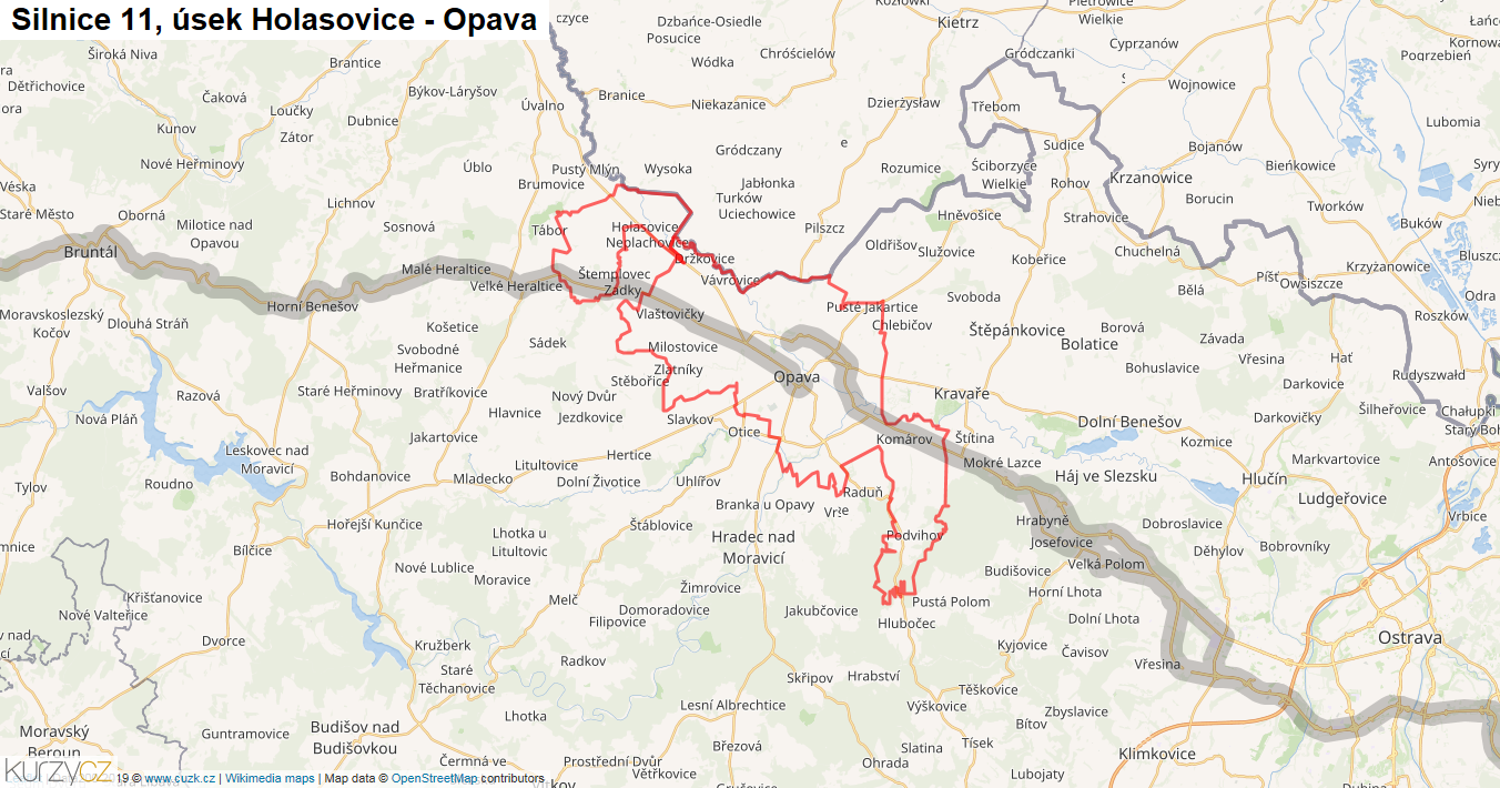 Úsek Holasovice - Opava, Silnice 11 - Mapa
