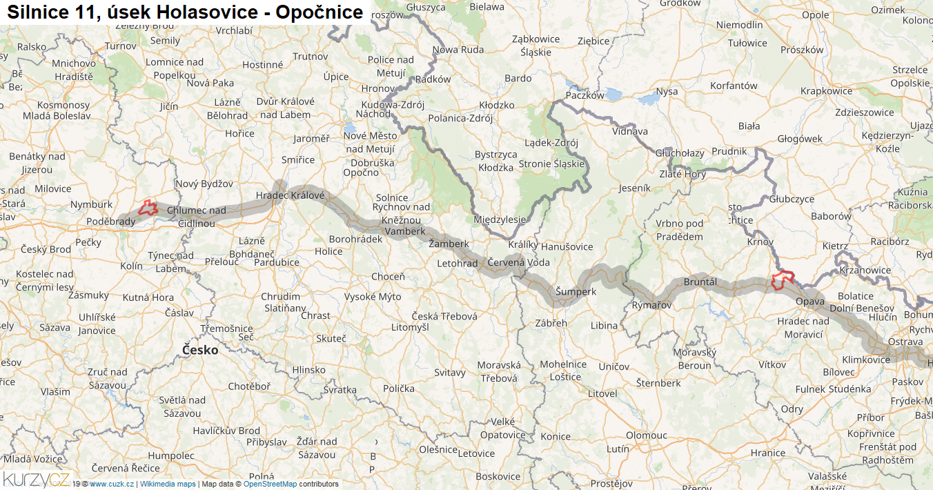 Úsek Holasovice - Opočnice, Silnice 11 - Mapa