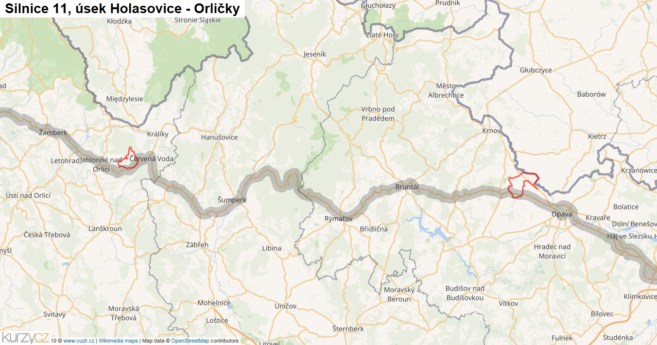 Úsek Holasovice - Orličky, Silnice 11 - Mapa