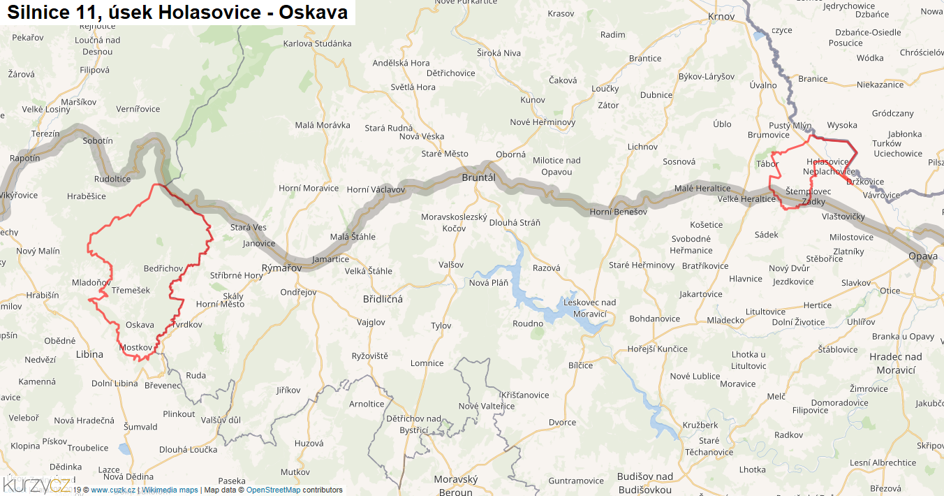 Úsek Holasovice - Oskava, Silnice 11 - Mapa