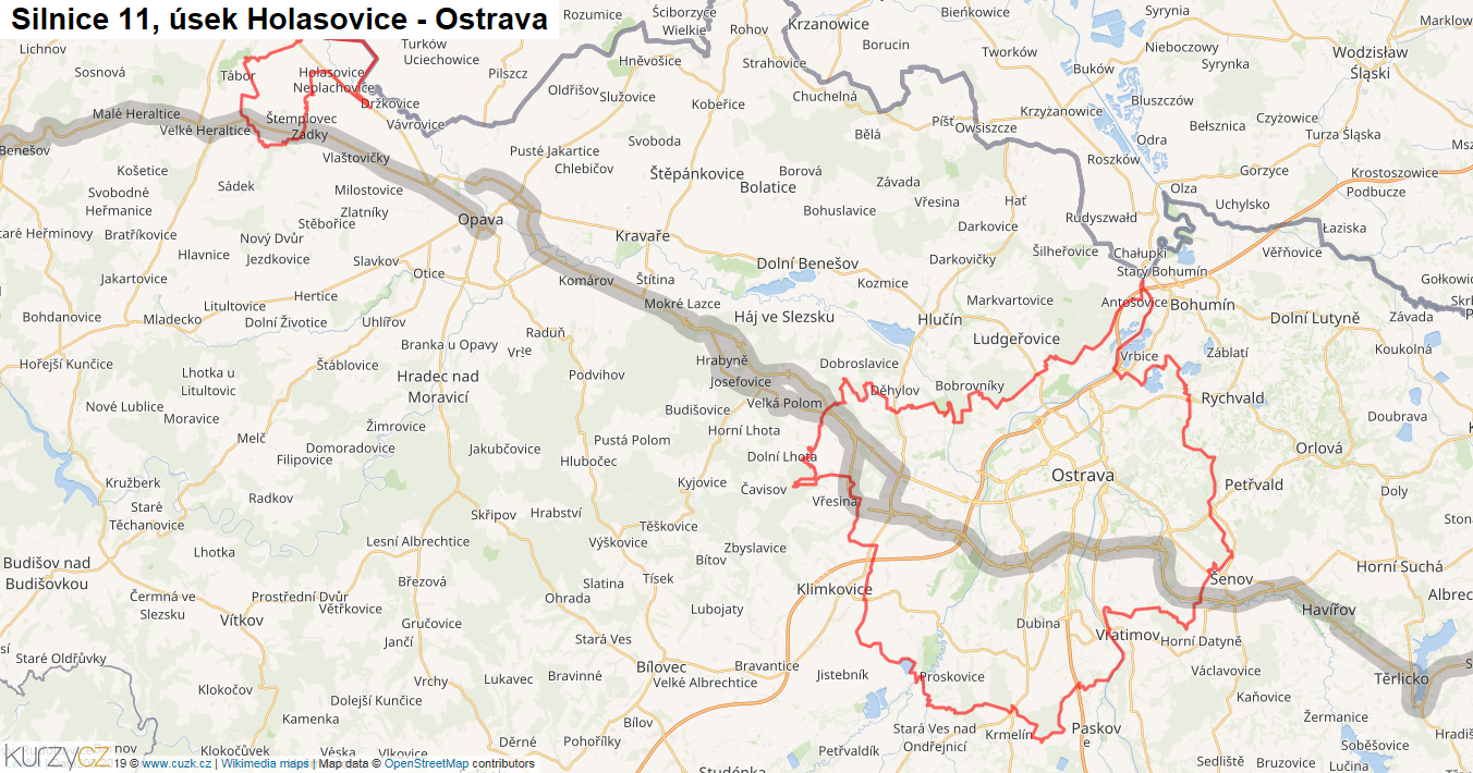 Úsek Holasovice - Ostrava, Silnice 11 - Mapa