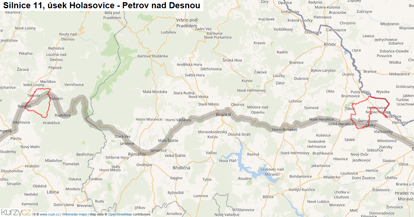 Úsek Holasovice - Petrov nad Desnou, Silnice 11 - Mapa