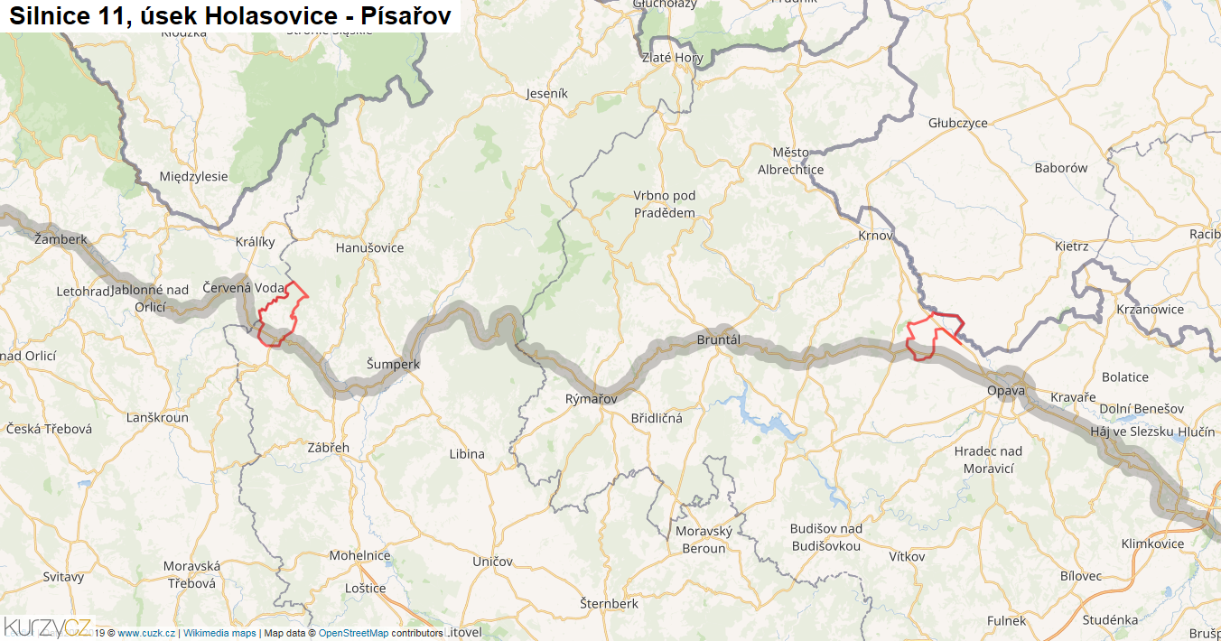 Úsek Holasovice - Písařov, Silnice 11 - Mapa