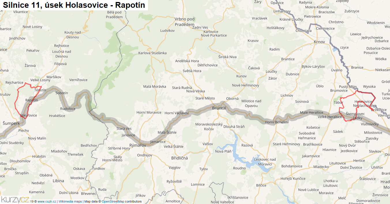 Úsek Holasovice - Rapotín, Silnice 11 - Mapa