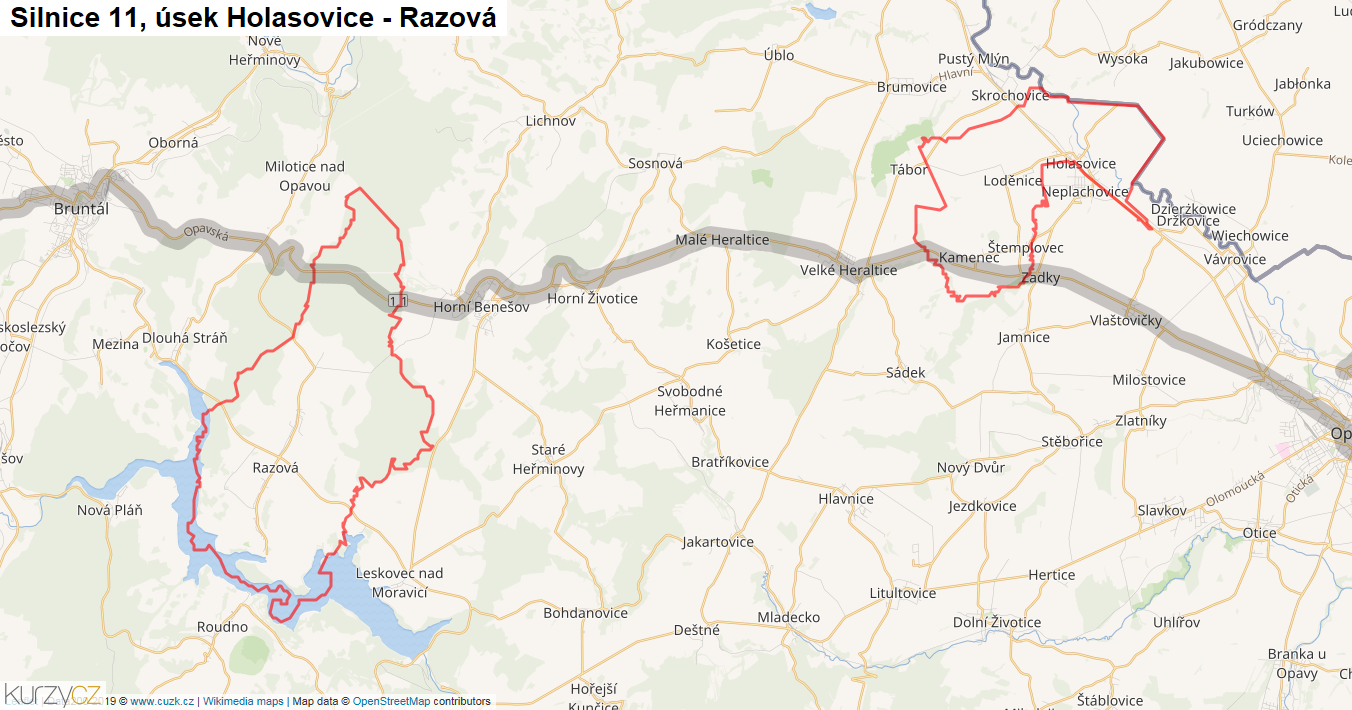 Úsek Holasovice - Razová, Silnice 11 - Mapa