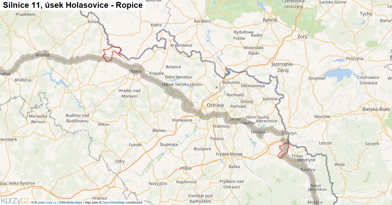Úsek Holasovice - Ropice, Silnice 11 - Mapa