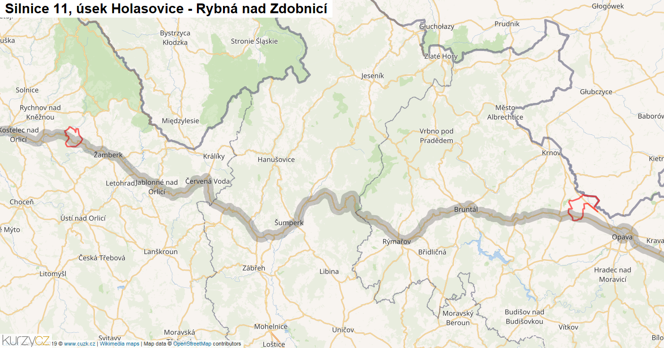 Úsek Holasovice - Rybná nad Zdobnicí, Silnice 11 - Mapa