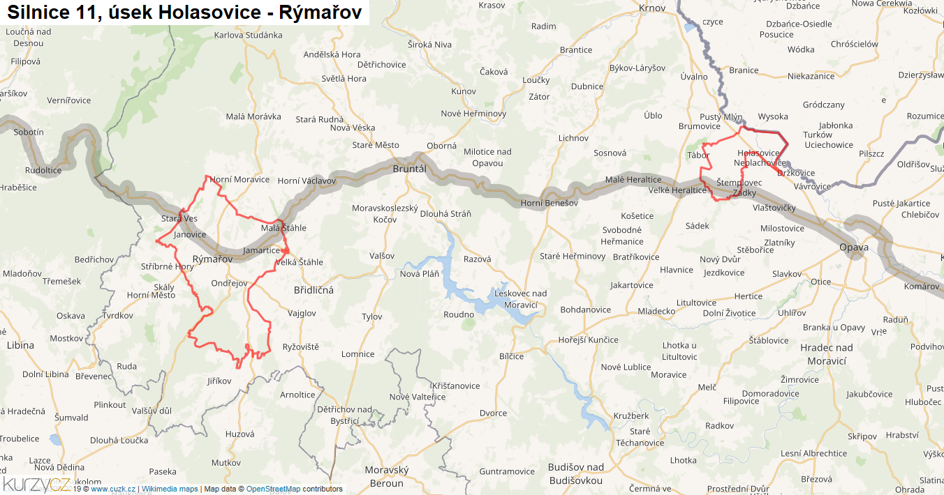 Úsek Holasovice - Rýmařov, Silnice 11 - Mapa