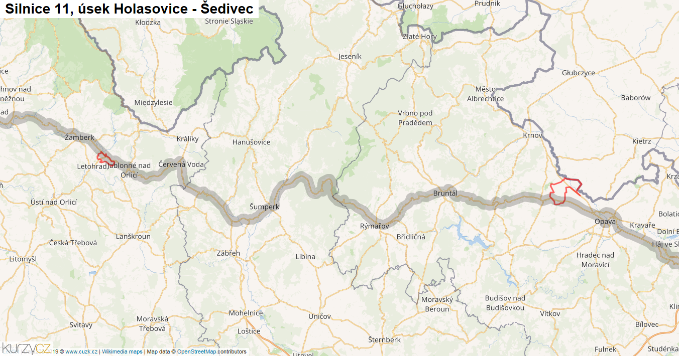 Úsek Holasovice - Šedivec, Silnice 11 - Mapa