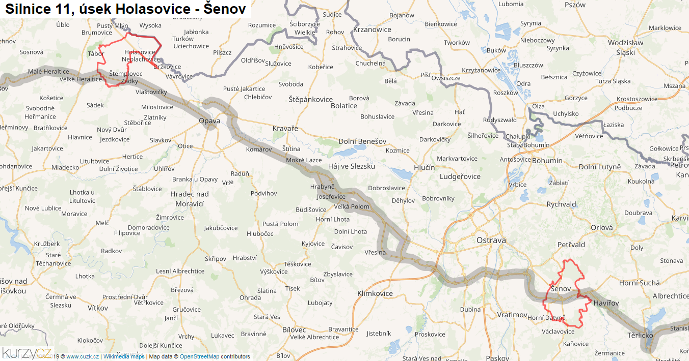 Úsek Holasovice - Šenov, Silnice 11 - Mapa
