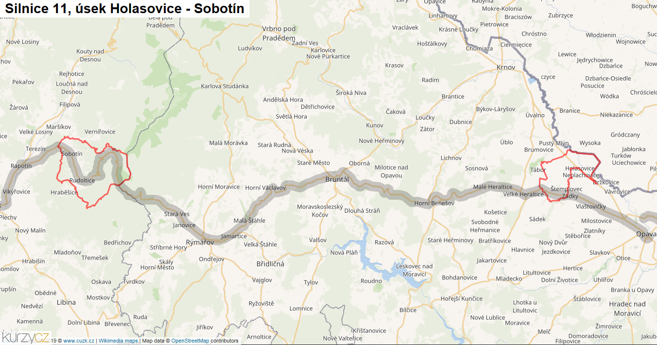 Úsek Holasovice - Sobotín, Silnice 11 - Mapa