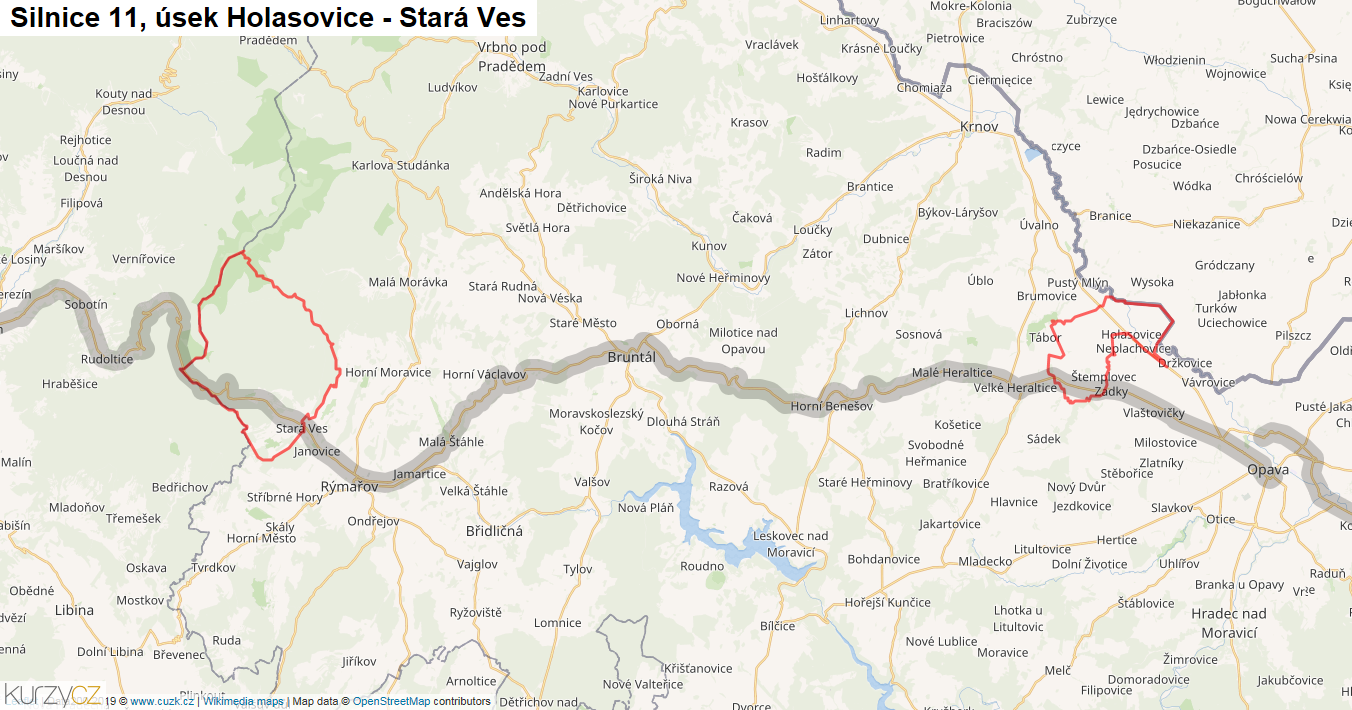 Úsek Holasovice - Stará Ves, Silnice 11 - Mapa
