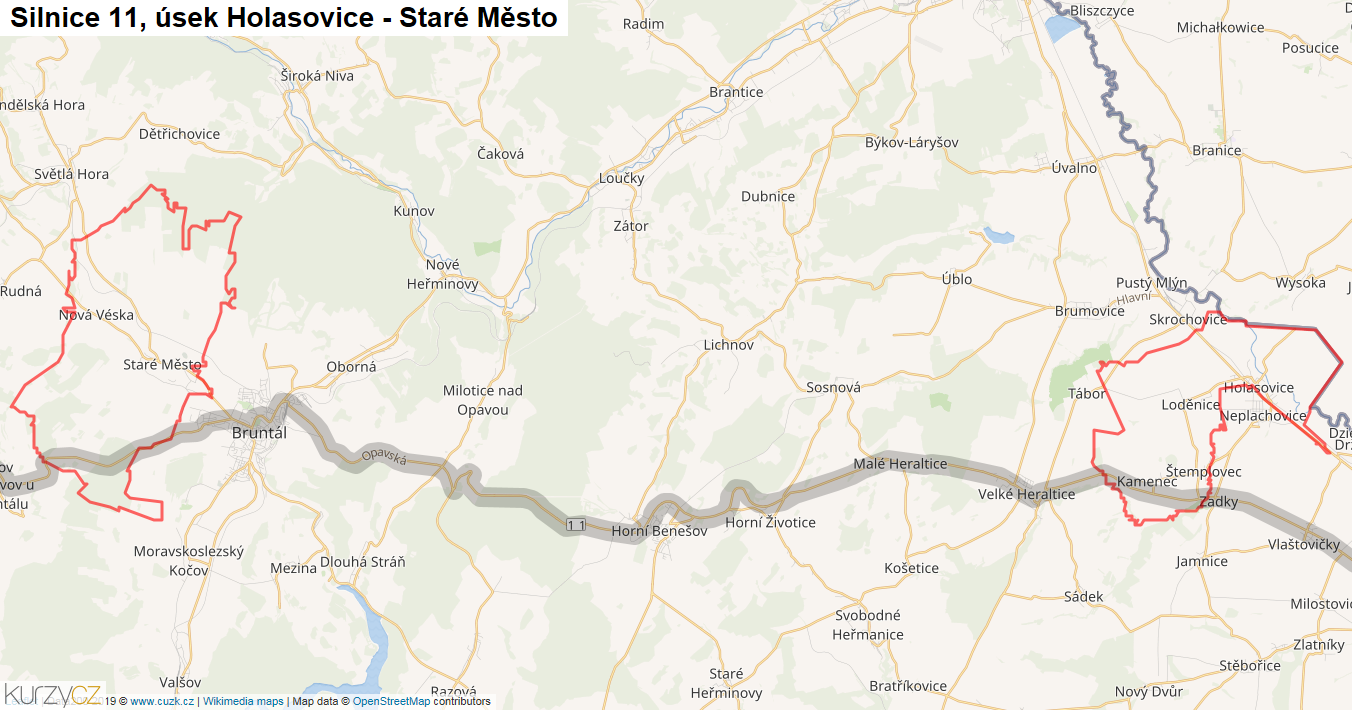 Úsek Holasovice - Staré Město, Silnice 11 - Mapa