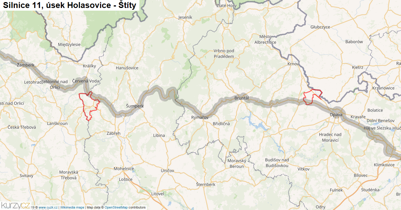 Úsek Holasovice - Štíty, Silnice 11 - Mapa