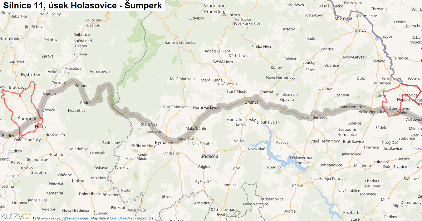 Úsek Holasovice - Šumperk, Silnice 11 - Mapa