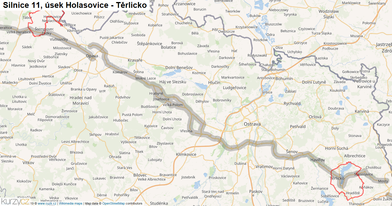 Úsek Holasovice - Těrlicko, Silnice 11 - Mapa