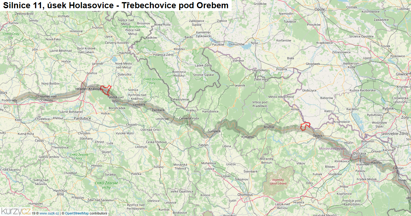 Úsek Holasovice - Třebechovice pod Orebem, Silnice 11 - Mapa