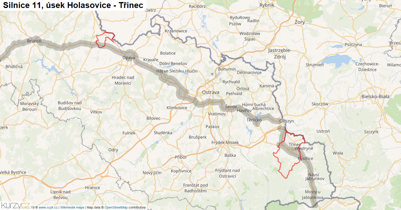 Úsek Holasovice - Třinec, Silnice 11 - Mapa