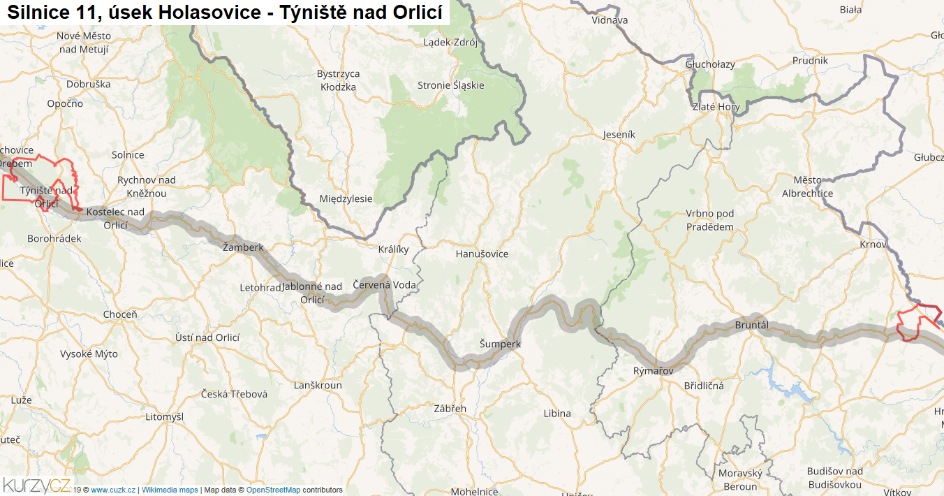 Úsek Holasovice - Týniště nad Orlicí, Silnice 11 - Mapa