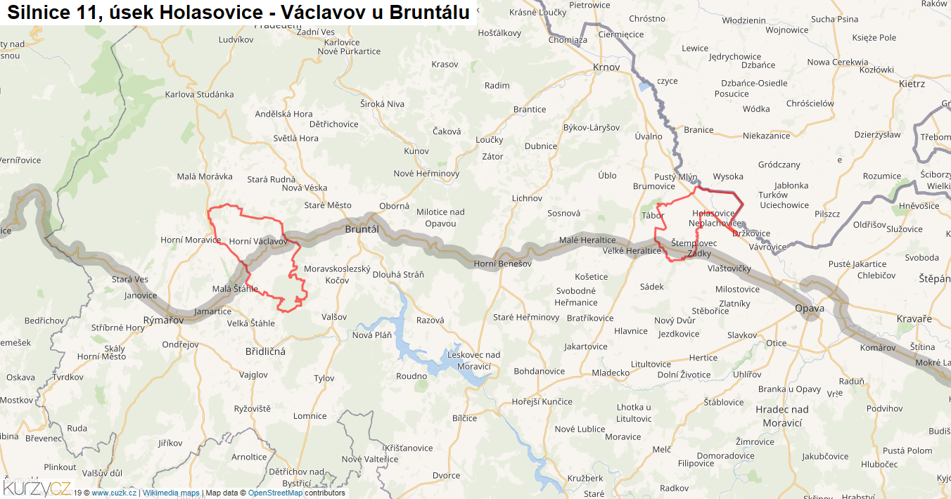 Úsek Holasovice - Václavov u Bruntálu, Silnice 11 - Mapa