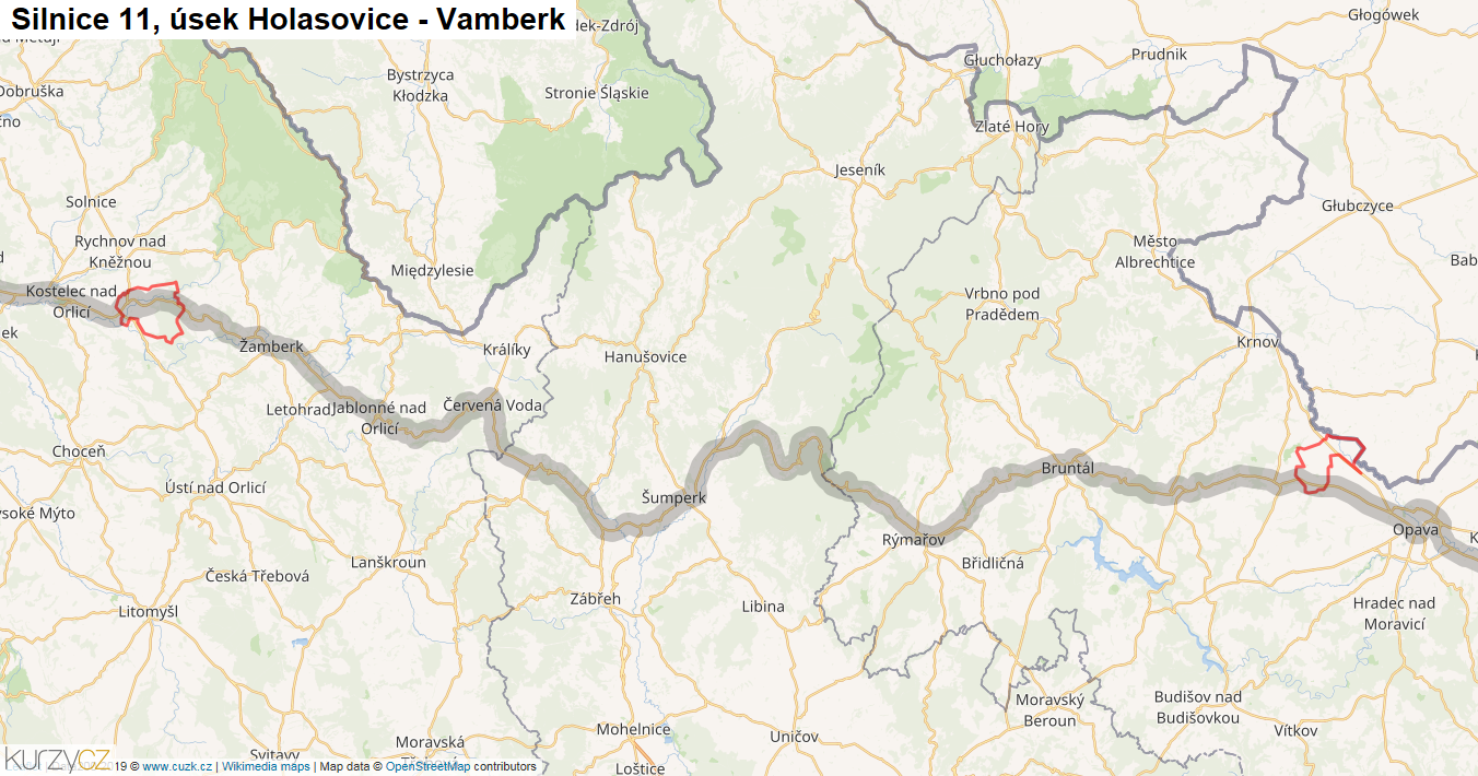 Úsek Holasovice - Vamberk, Silnice 11 - Mapa