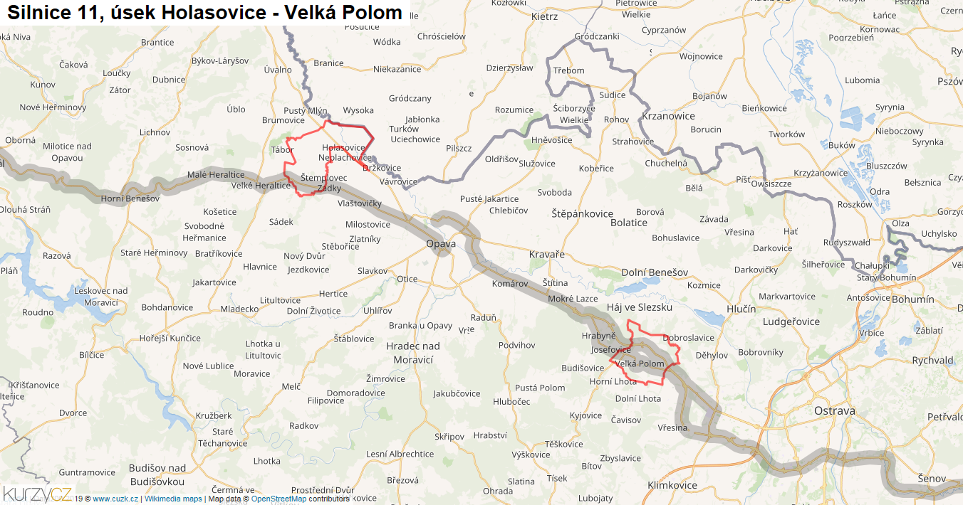Úsek Holasovice - Velká Polom, Silnice 11 - Mapa