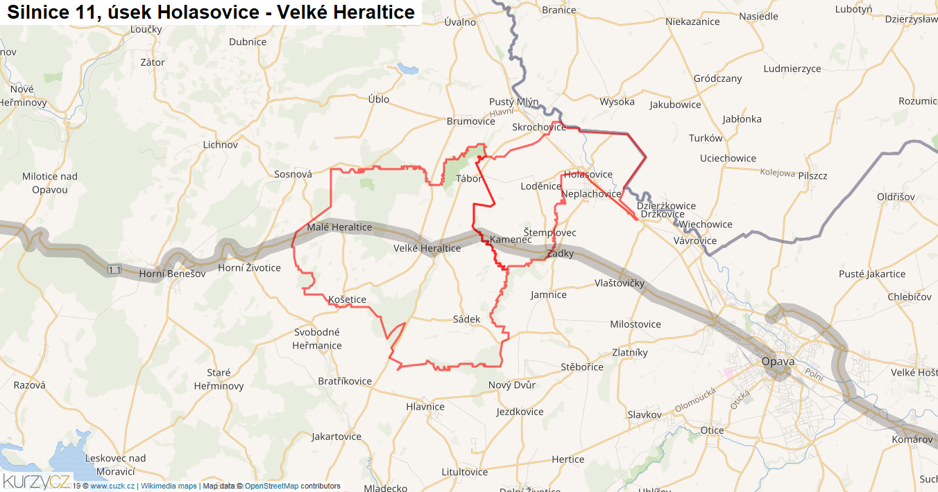 Úsek Holasovice - Velké Heraltice, Silnice 11 - Mapa