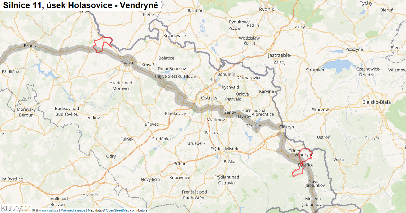 Úsek Holasovice - Vendryně, Silnice 11 - Mapa