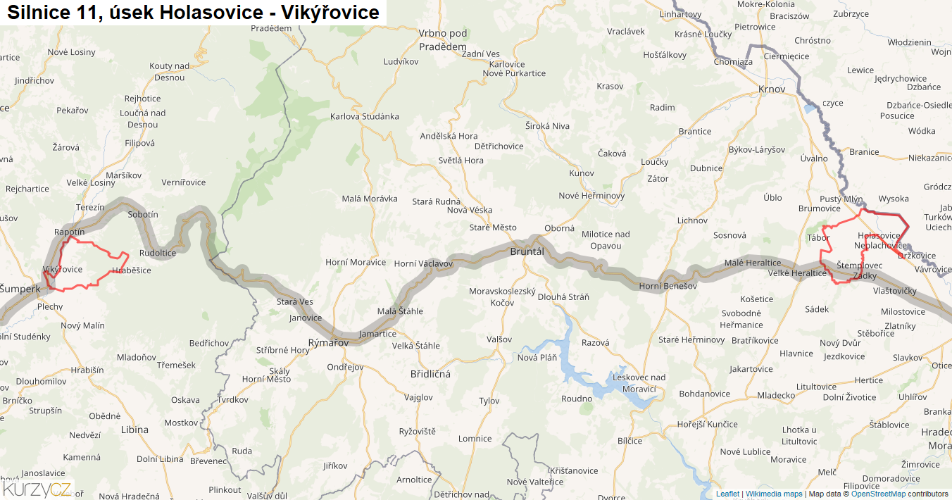 Úsek Holasovice - Vikýřovice, Silnice 11 - Mapa