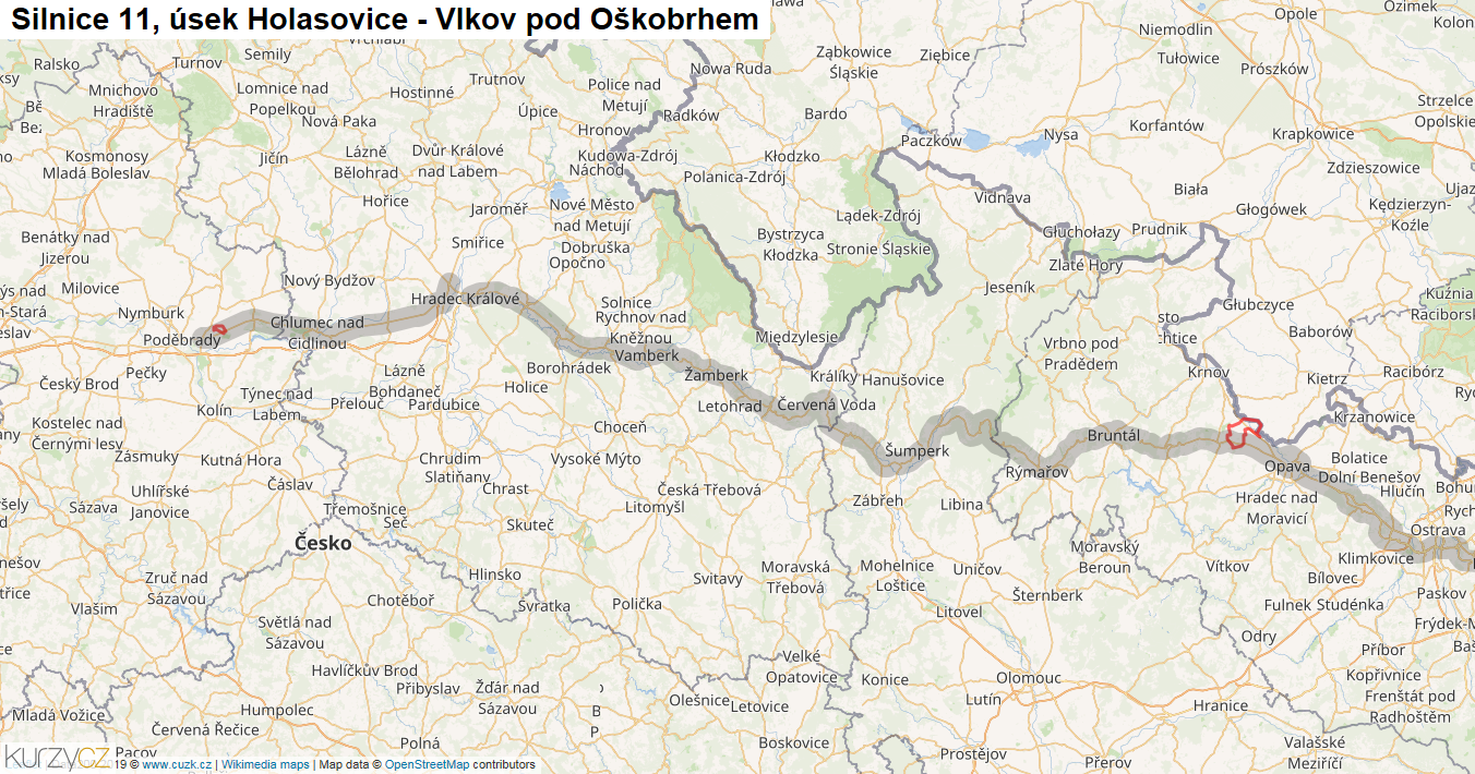 Úsek Holasovice - Vlkov pod Oškobrhem, Silnice 11 - Mapa