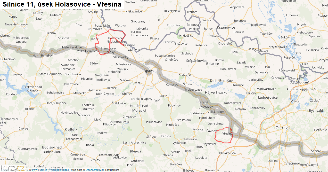 Úsek Holasovice - Vřesina, Silnice 11 - Mapa